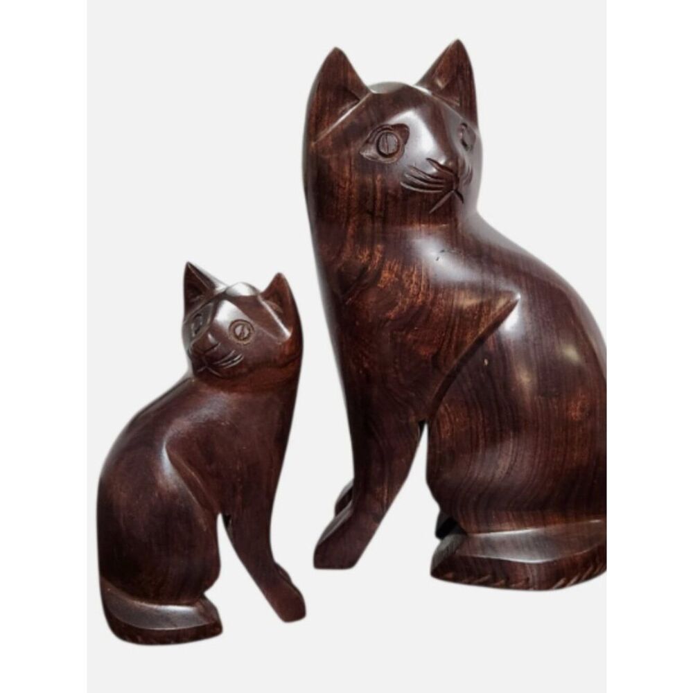 Carved Wood Cats Set of Two Ironwood MCM Sleek Pair Sitting Brown Vintage